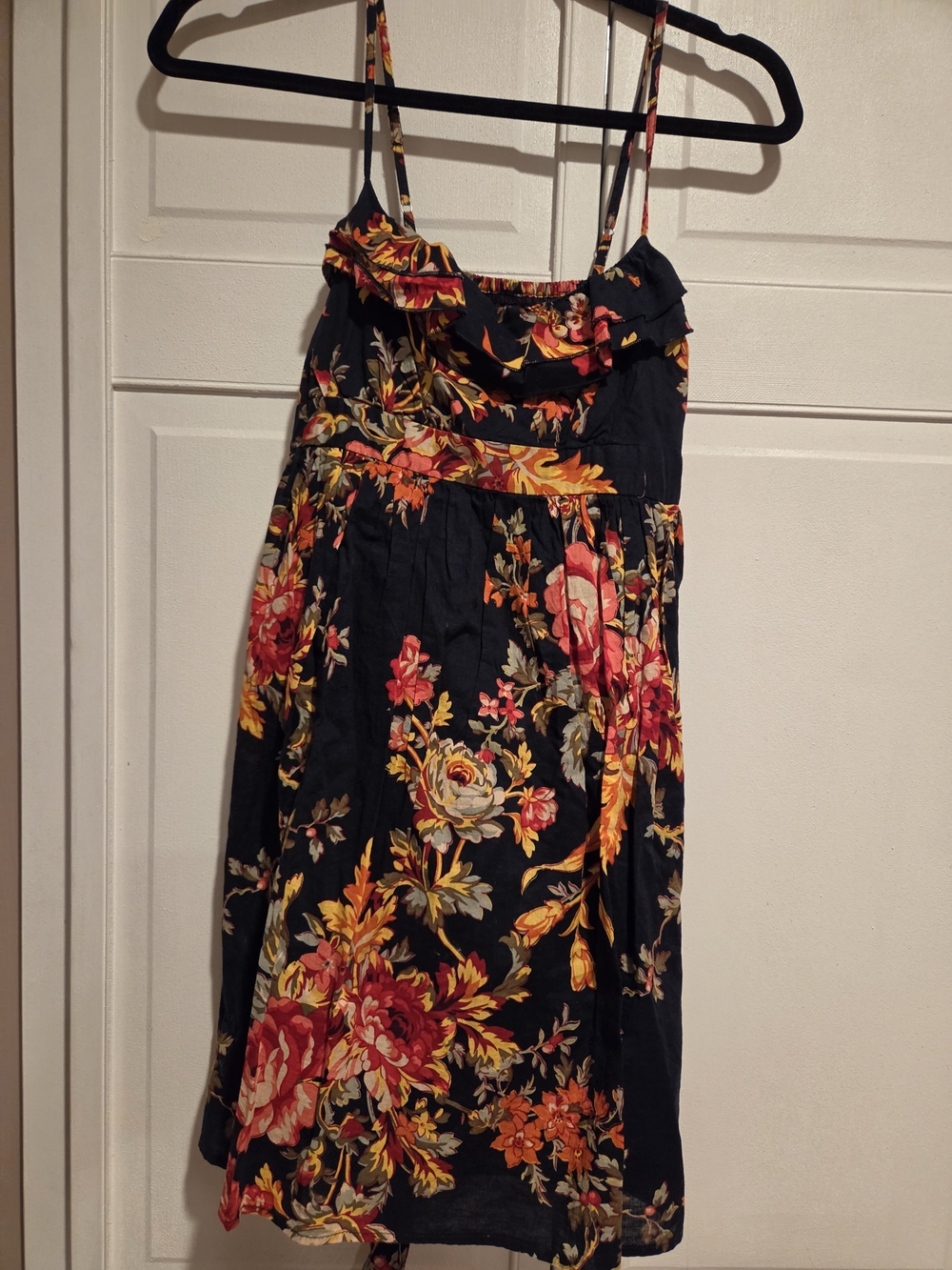Floral Ruffle Spaghetti-Strap Women's Top - Black with Red & Yellow Flowers